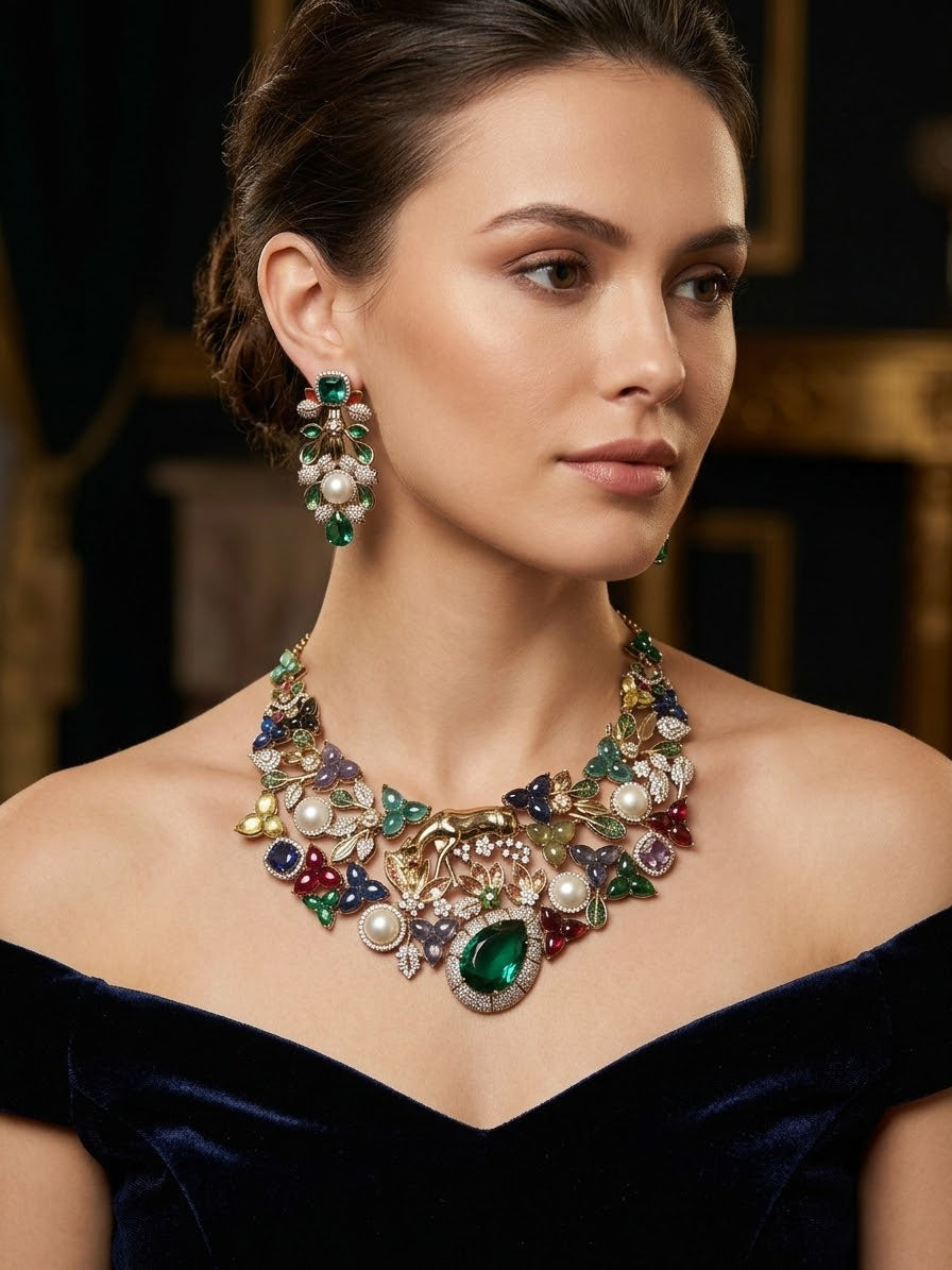 A woman wearing an ornate multicolor statement necklace and matching drop earrings with green, red, blue, and white stones, paired with a dark blue velvet off-the-shoulder top.