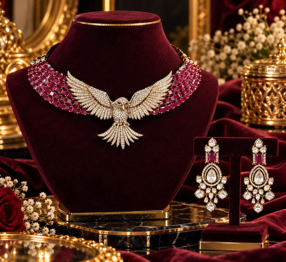 A luxury jewelry set displayed on a dark burgundy velvet mannequin bust, featuring a winged necklace with pink gemstones and crystal-encrusted gold details, matching drop earrings, and a small T-shaped stand, set against a richly decorated background with gold frames and floral arrangements.