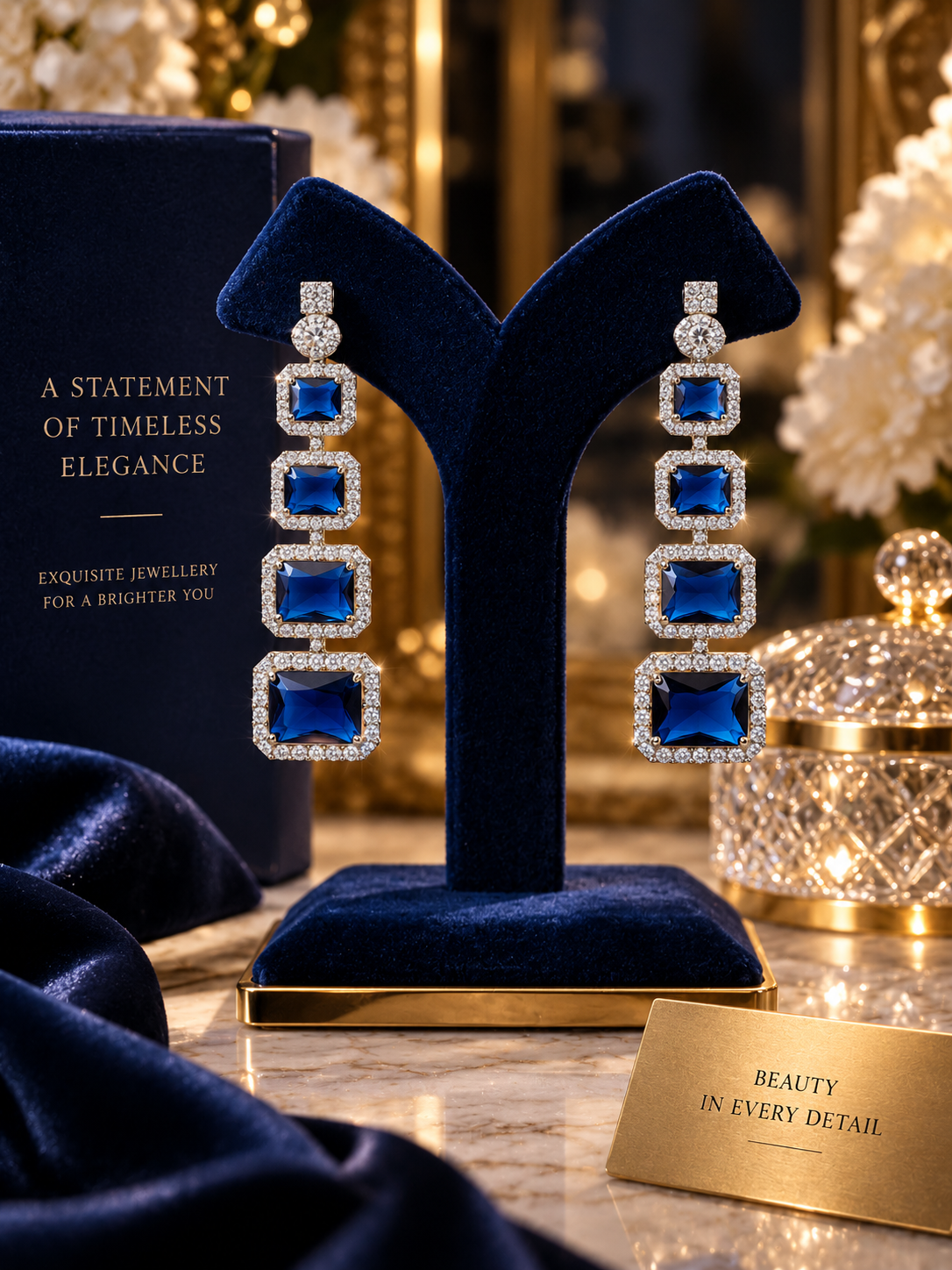 A pair of long drop earrings with rectangular blue gemstones and clear crystal-like borders, displayed on a dark blue velvet jewelry stand. A matching blue jewelry box is visible behind, with a marble surface and elegant decorative background.