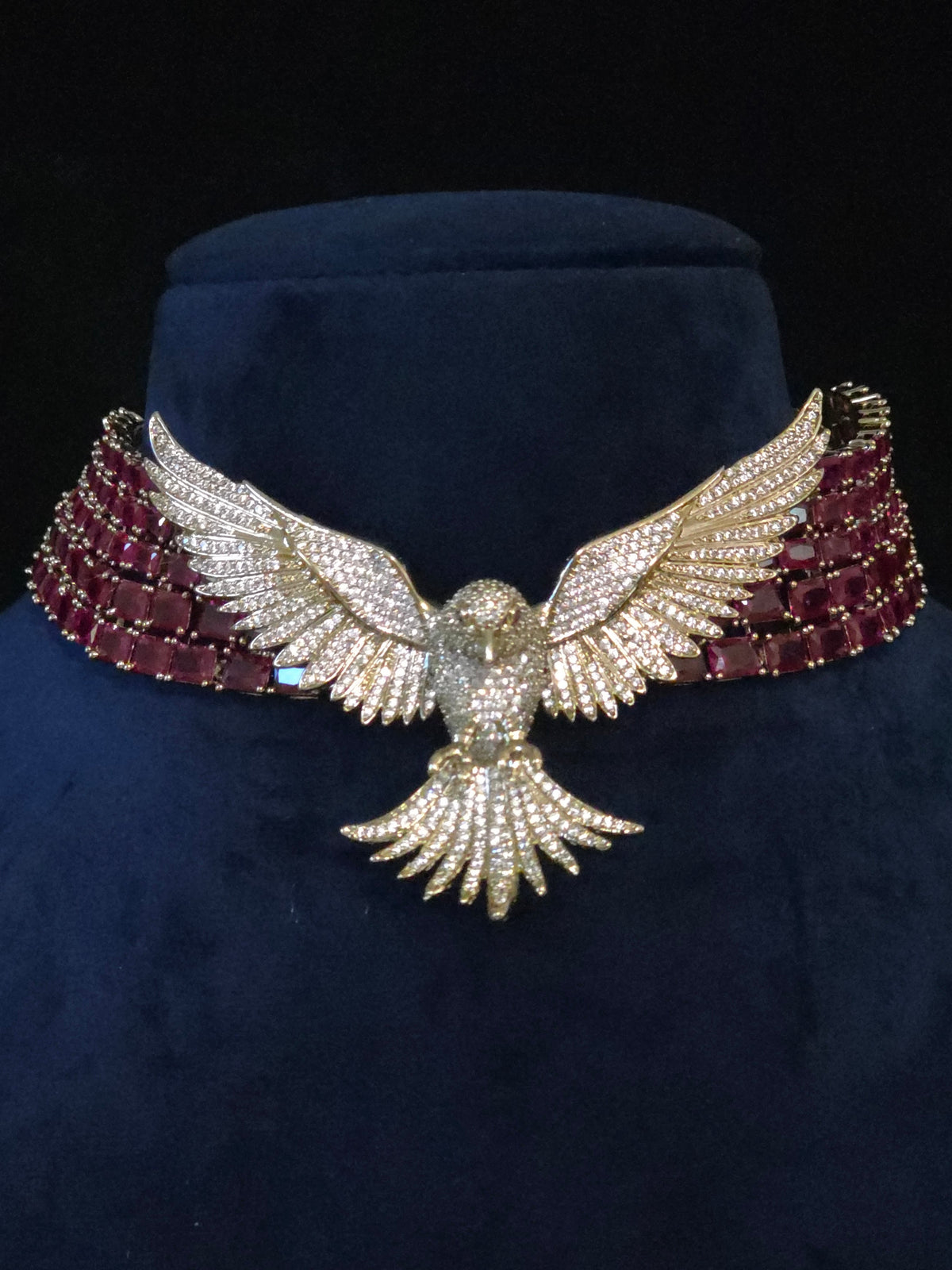 Ruby CZ collar necklace and chandelier earring set styling image