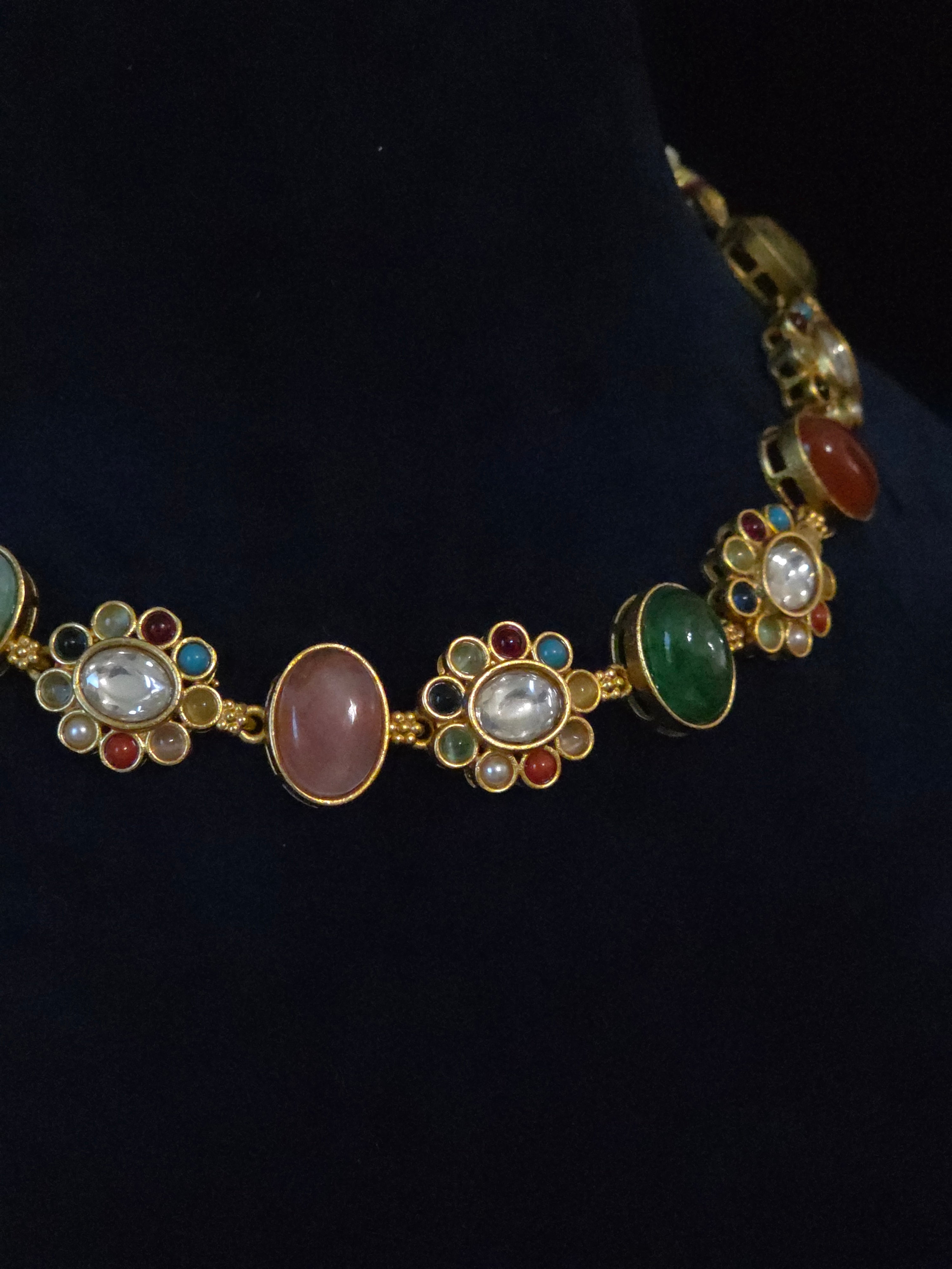 Navratna Kundan Floral Cabochon Choker & Earring Set – Kamala