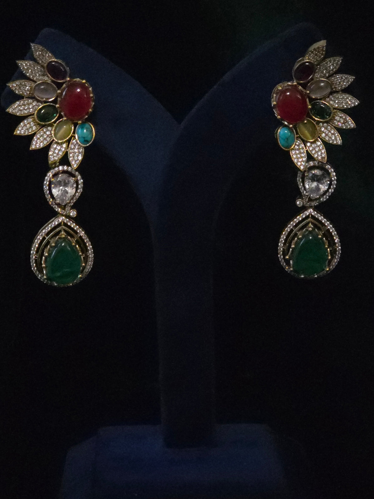 Pair of multicolor gemstone leaf drop earrings with emerald accents 