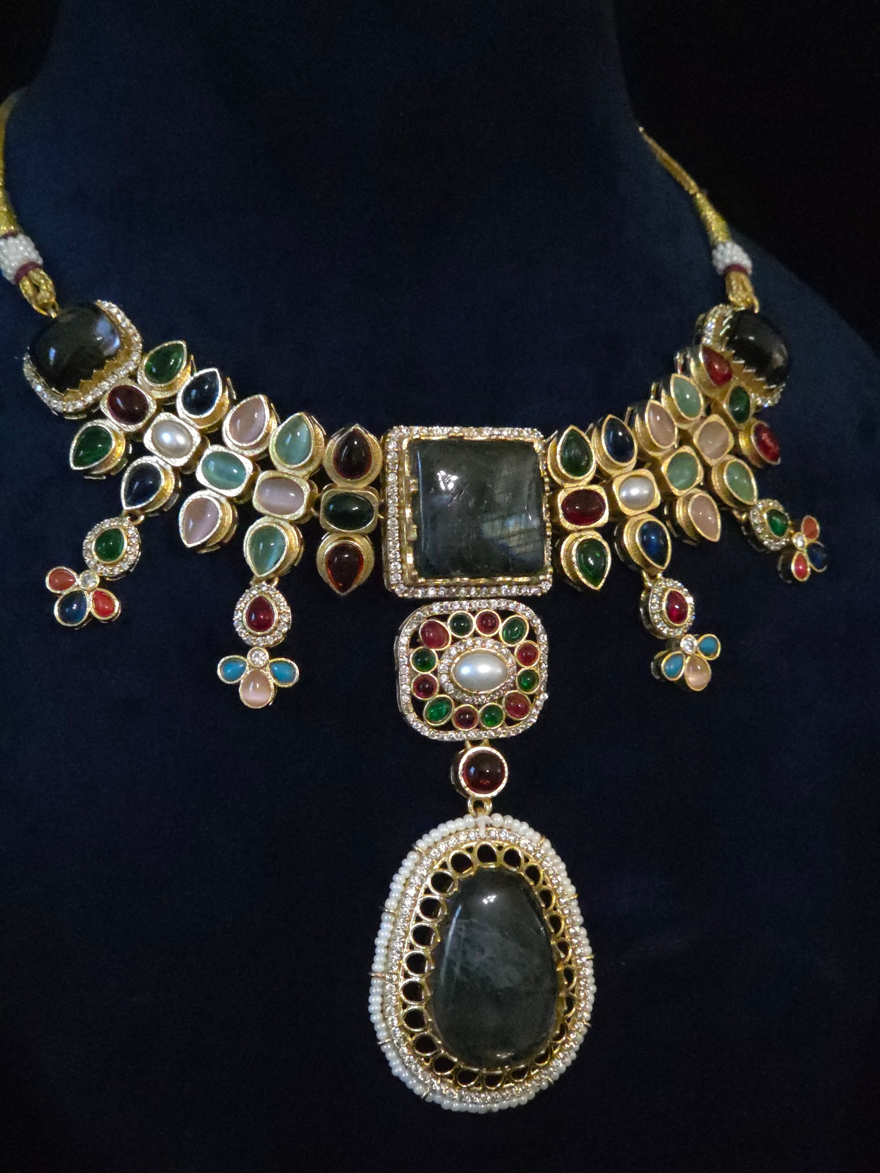 Navratna Kundan Polki Choker Necklace Set - Nadia
