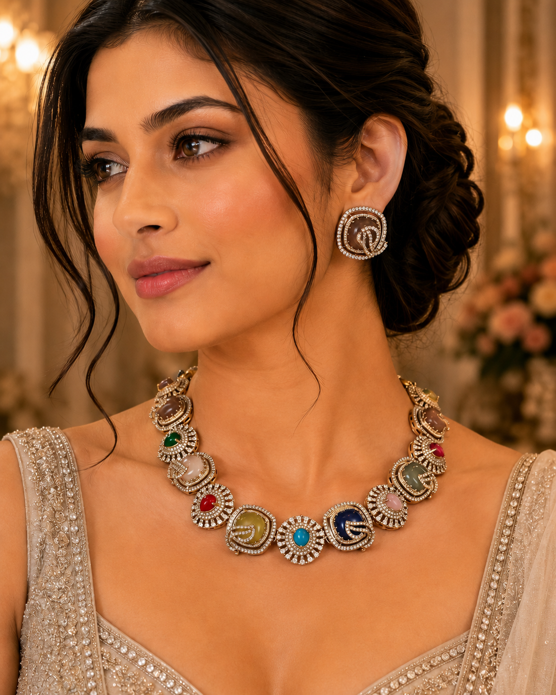 Turkish Kundan Multicolor Cabochon Collar Necklace & Stud Earring Set – Kalindi