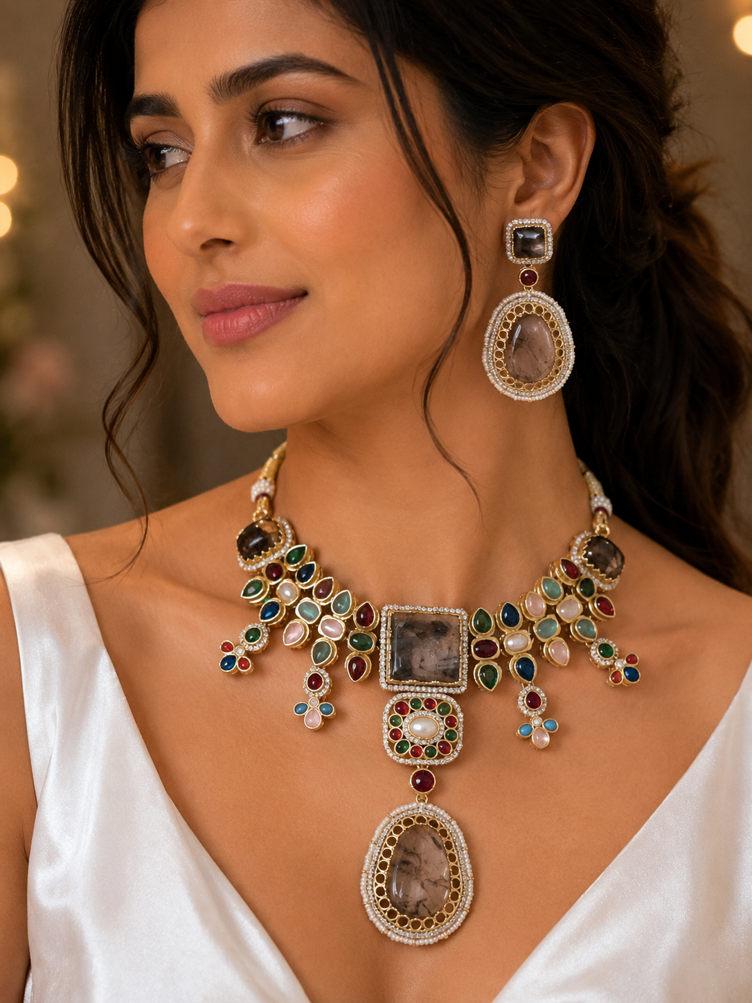 Navratna Kundan Polki Choker Necklace Set - Nadia