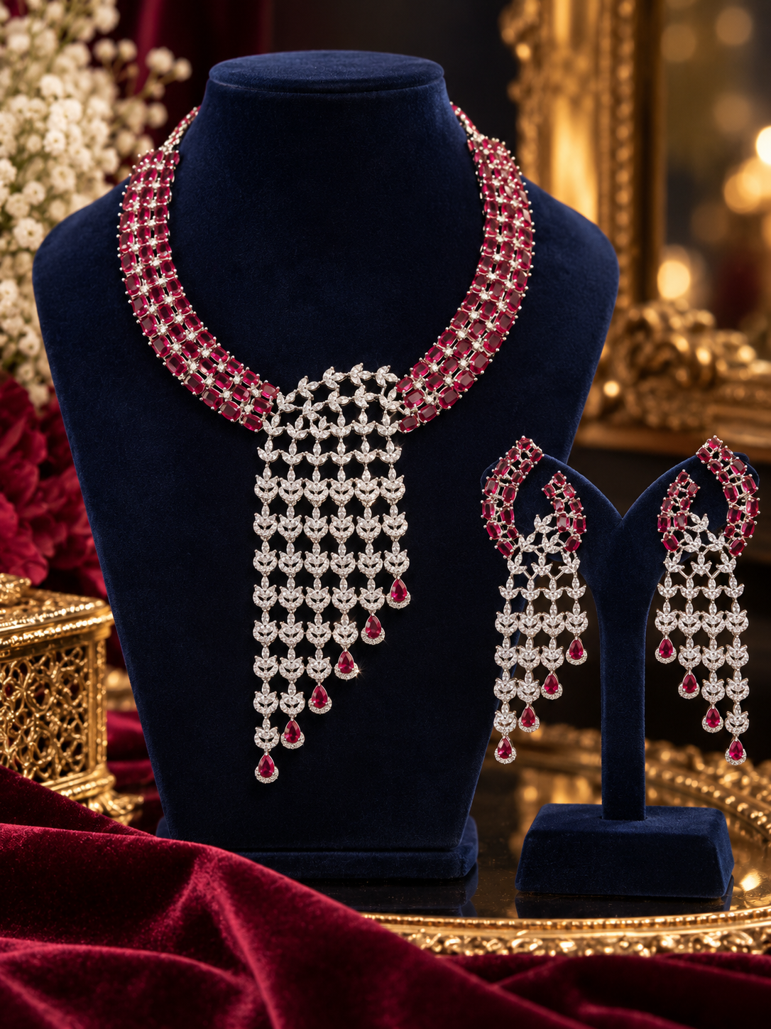 A luxury jewelry set featuring a necklace and matching earrings displayed on dark blue velvet stands. The jewelry is embellished with silver-toned metalwork and deep red gemstones, set against a rich, warm, ornate background.