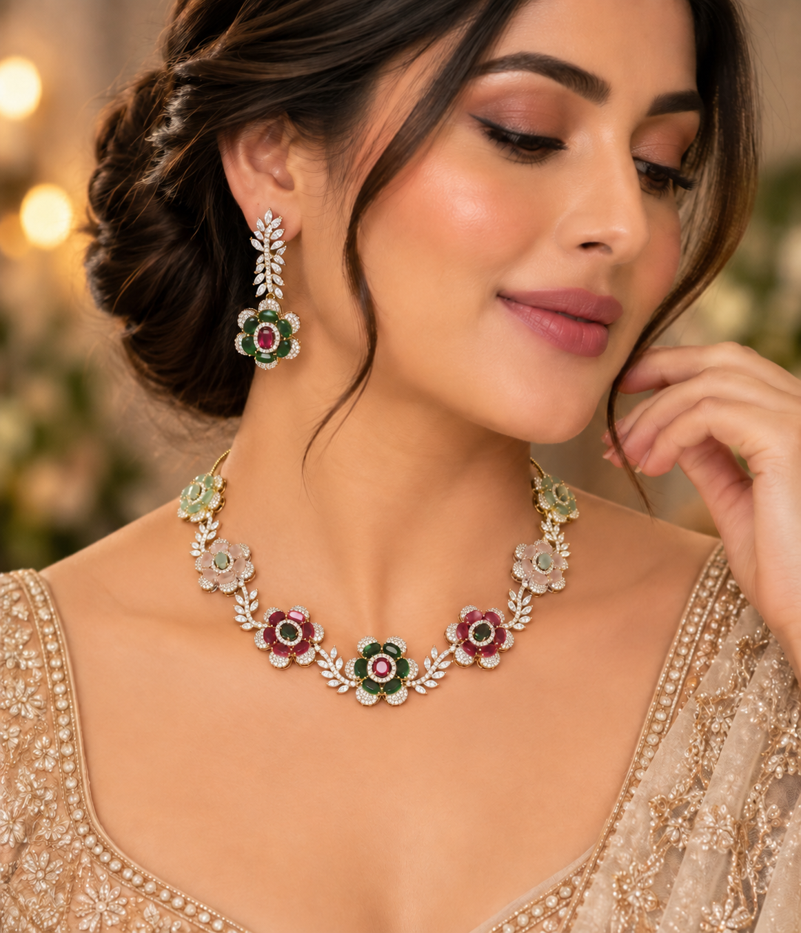 Model wearing Gulbahar gold-plated multicolor floral CZ necklace and matching drop earrings