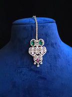 Navratan CZ Filigree Bib Choker, Chandelier Earring & Maang Tikka Bridal Set – Zarkash