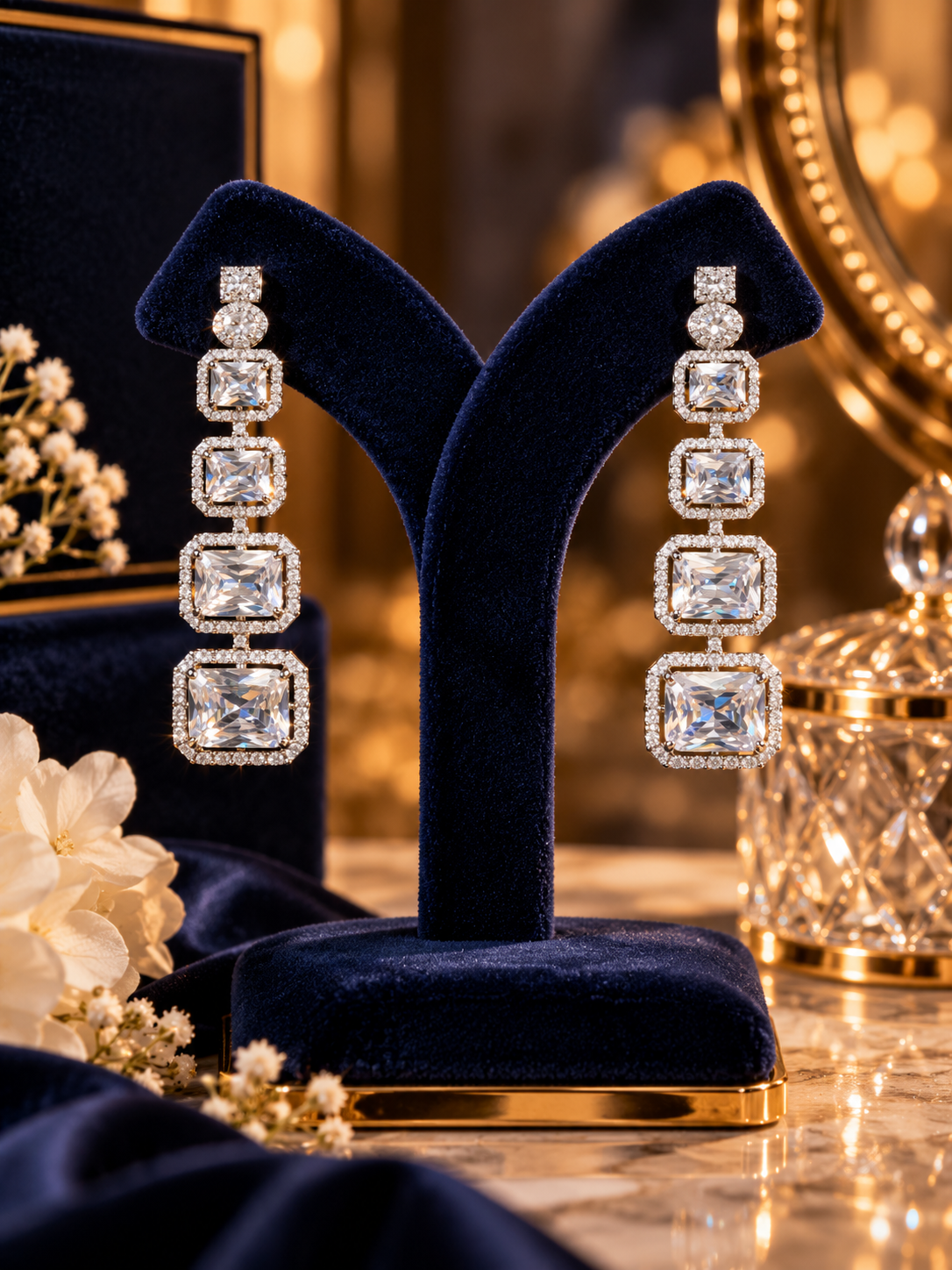 A pair of long drop earrings with square-cut clear stones in silver-toned settings, displayed on a dark blue velvet jewelry stand on a marble surface with warm gold-toned decor in the background.