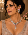 CZ Floral Garden Twin Bloom Necklace & Feather Drop Earring Set – Gulnara