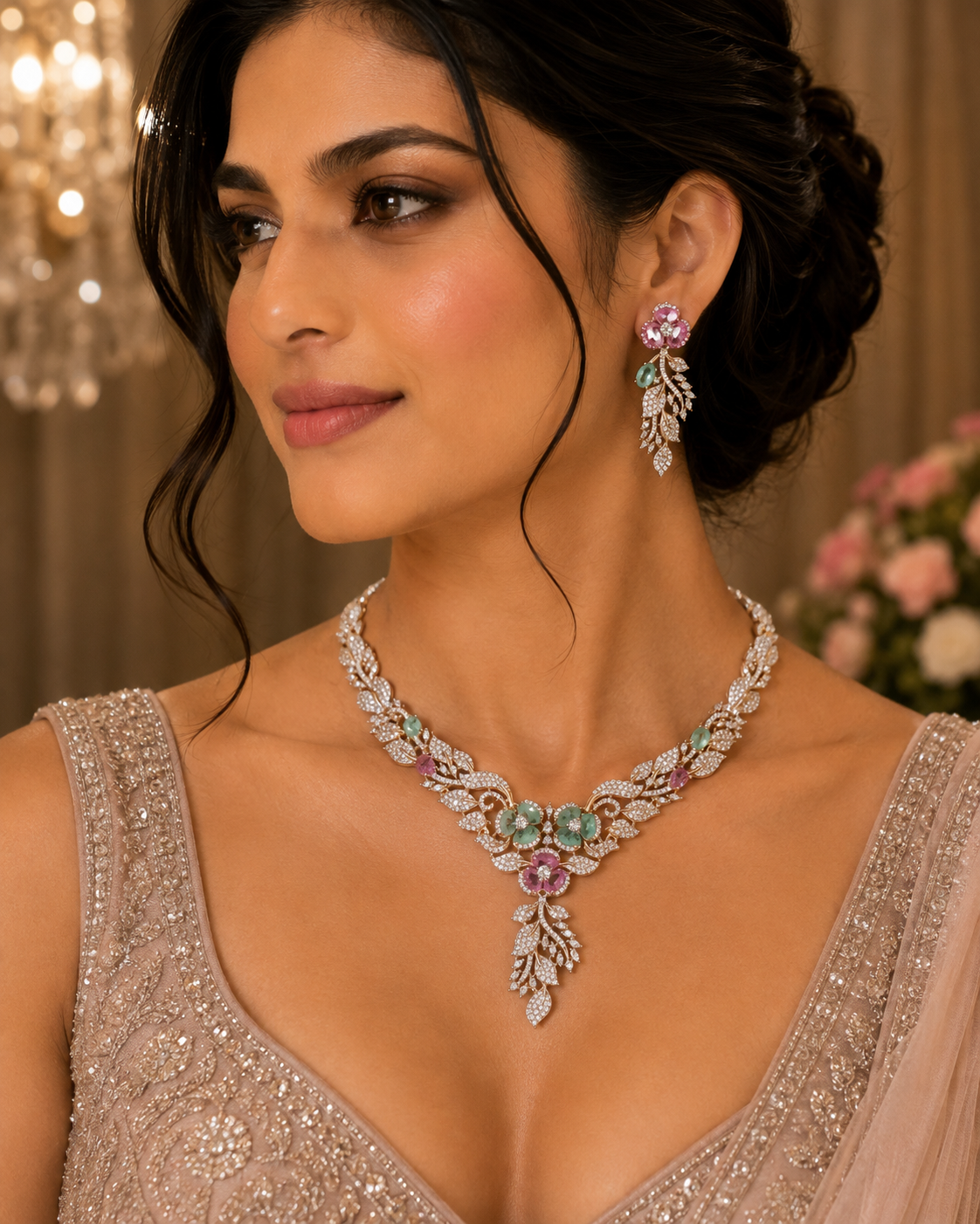 CZ Floral Garden Twin Bloom Necklace & Feather Drop Earring Set – Gulnara