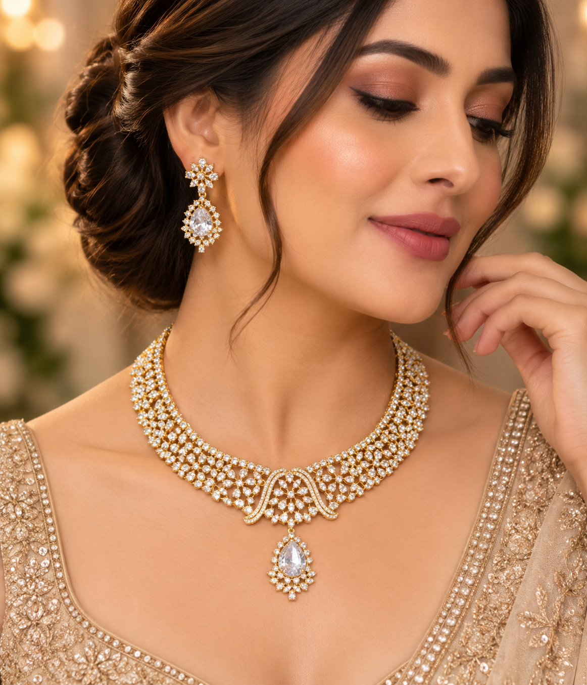 Model wearing Vanya gold-plated floral teardrop CZ necklace and matching drop earrings