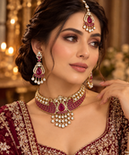 A woman wearing an ornate Indian bridal jewelry set featuring a gold-plated necklace, matching drop earrings, and a forehead maang tikka, embellished with deep pinkish-red stones and white pearls, paired with a maroon embroidered traditional dress.